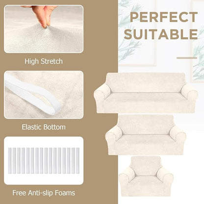 Peryiter 3 Pcs Couch and Loveseat Sofa Covers,Beige,Velvet | Armchair Covers for Living Room, Sofa Cushion Slipcover, Furniture Protector, Polyester and Spandex, Washable