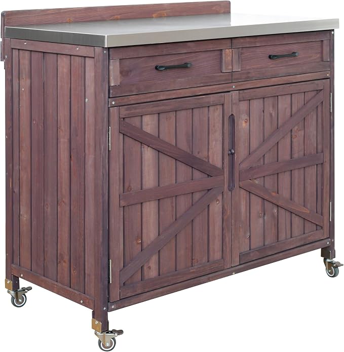 JIVOIT 39.4" Outdoor Kitchen Island with Stainless Table Top, Solid Fir Wood Storage Kitchen Cabinet with Drawer, Adjustable Shelves, Internal Storage Racks & 4 Wheels, Two Doors (Dark Brown/9)