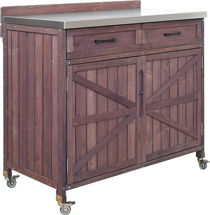 JIVOIT 39.4" Outdoor Kitchen Island with Stainless Table Top, Solid Fir Wood Storage Kitchen Cabinet with Drawer, Adjustable Shelves, Internal Storage Racks & 4 Wheels, Two Doors (Dark Brown/9)