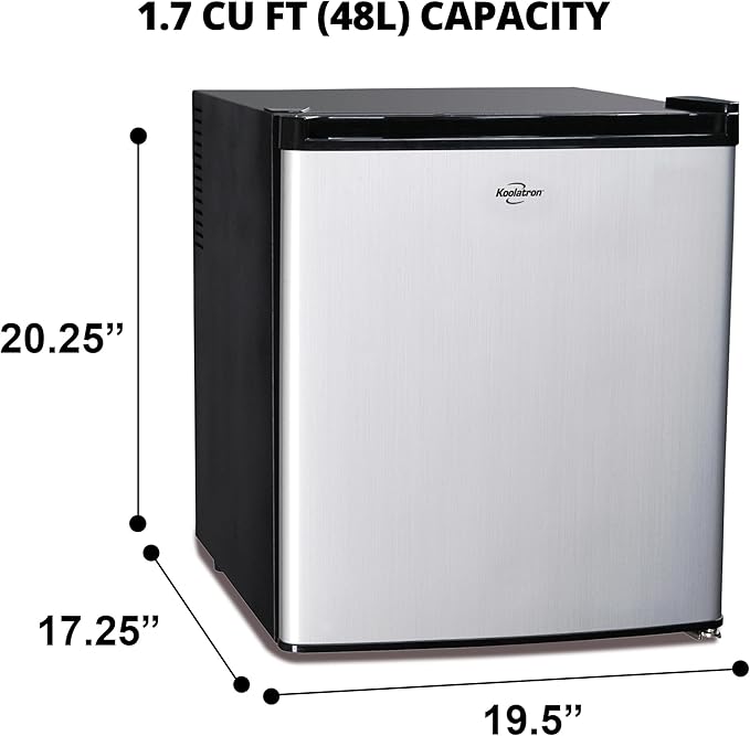 Koolatron Stainless Steel Compact Fridge with Freezer, 1.7 Cubic Feet (48 L) Capacity, Silver and Black, for Snacks, Frozen Meals, Beverages, Juice, Beer, Den, Dorm, Office, Games Room, or RV