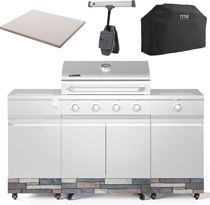 Tytus Fresno 5-Burner Propane or Natural Gas Island Grill – 864 sq. in. Cooking, 48,000 BTU Main + 12,000 BTU Side Burner, Porcelain Grates, Storage Cabinets, Semi-Portable - SS/Ash Stone Deluxe Kit
