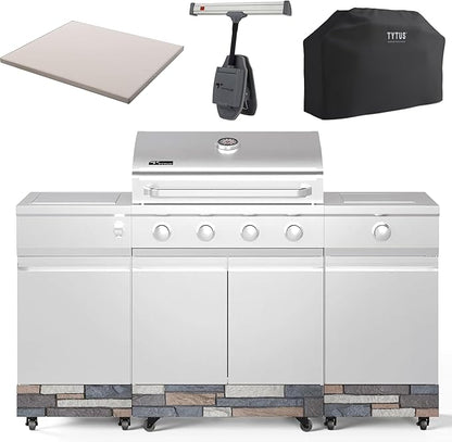 Tytus Fresno 5-Burner Propane or Natural Gas Island Grill – 864 sq. in. Cooking, 48,000 BTU Main + 12,000 BTU Side Burner, Porcelain Grates, Storage Cabinets, Semi-Portable - SS/Ash Stone Deluxe Kit