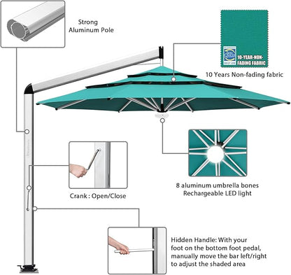EliteShade USA Atlas 3-Tier 11FT Full Aluminum Cantilever Patio Umbrella for Outdoor Restaurant Garden Courtyard Deck Pool and Marketing with Light (No battery), Teal
