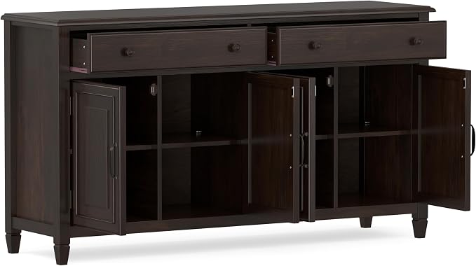 SIMPLIHOME Connaught 67" Sideboard Cabinet in Dark Chestnut Brown | Traditional 4-door dining room buffet with 2 drawers and adjustable shelves for organized kitchen or living room storage.