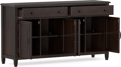 SIMPLIHOME Connaught 67" Sideboard Cabinet in Dark Chestnut Brown | Traditional 4-door dining room buffet with 2 drawers and adjustable shelves for organized kitchen or living room storage.