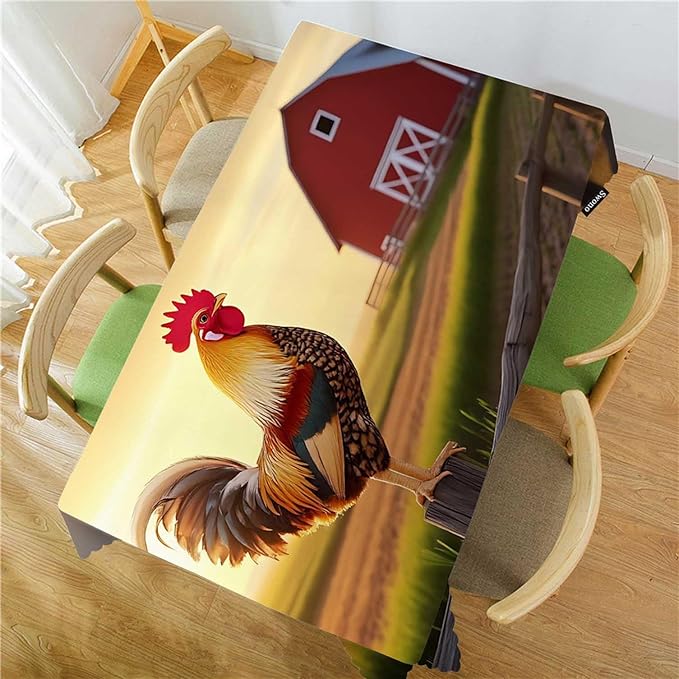 Swono Tablecloth Rooster, Sunrise Rooster Hen Farm Fence Table Cloth for Kitchen Dining Tabletop Decoration Parties Weddings Buffets, 52 X 70 Inch Rectangle Tablecloth