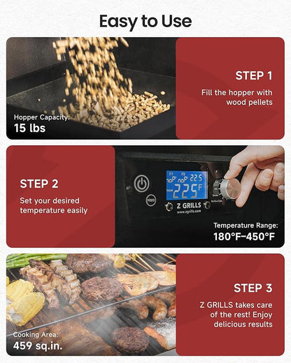 Z GRILLS 2026 Wood Pellet Grill & Smoker with PID V3.0 Controller, 459 Sq in Cook Area, Meat Probe, Foldable Shelf&Side Shelf, 8 in 1 BBQ Grill Outdoor Auto Temperature Control, Black, 450A