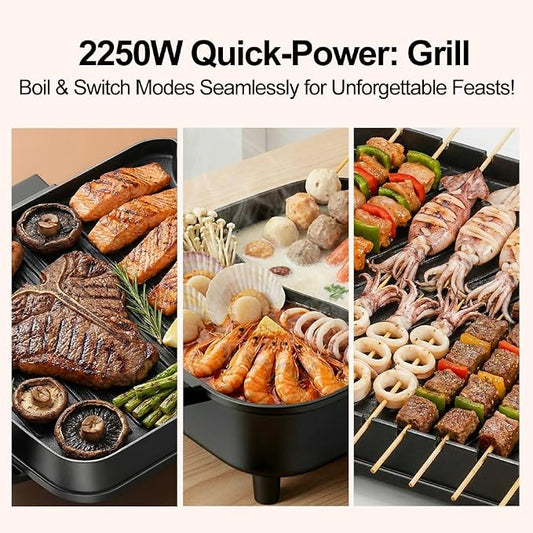 Electric Hot Pot and Grill Combo, Korean BBQ Indoor Smokeless Grill with Nonstick Surface,Large Tabletop Cooker for Family & Party, Includes Cooking Tool Set (Ladle, Strainer, Tongs, Oil Brush)