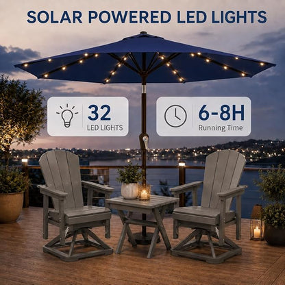 10FT Solar Patio Umbrella with Lights, Outdoor Table Market Umbrella with 32 LED Lights, 8 Sturdy Ribs, Push Button Tilt and Crank for Pool, Deck and Garden, UV-Resistant