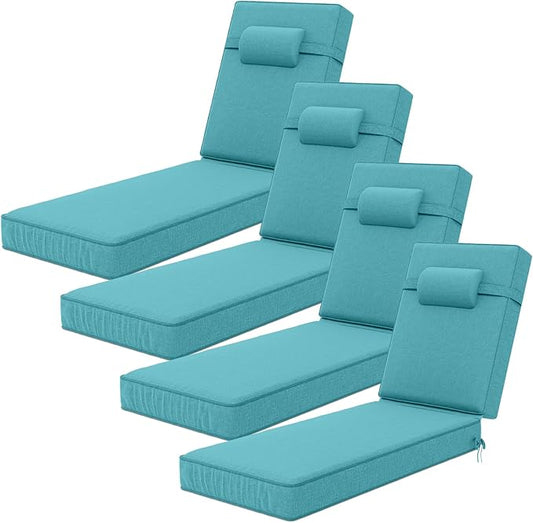 72 x 21 x 4 Inch Olefin Chaise Lounge Cushions, Lounge Chair Cushions with Headrest for Outdoor Furniture - Weather and Fade Resistant Patio Replacement Furniture Lounge Chair Cushion Set of 4