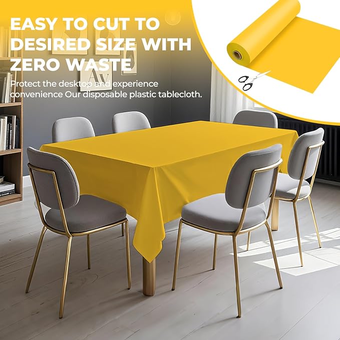 54 Inch X 100 Feet Plastic Table Cover Roll Premium Disposable Plastic Tablecloth for All Type/Shape Tables | Picnic, Party, Banquet, Birthdays, Weddings (Yellow, 54 Inch X 100 Feet)