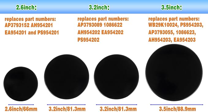 Surface burner cover replacement part suitable for GE gas range/oven/stove wb29k10006-1 large cap - 3 1/2 inches wide- wb29k10001-2 medium caps-3 3/16 wide wb29k10009-1 small cap- 2 9/16