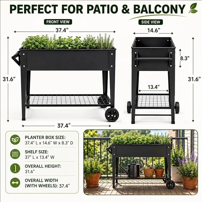LEETOLLA Elevate 32" Raised Garden Bed with Wheels | Elevated steel planter box for outdoor vegetables, herbs, and flowers. 400 lb capacity with drainage and shelf.