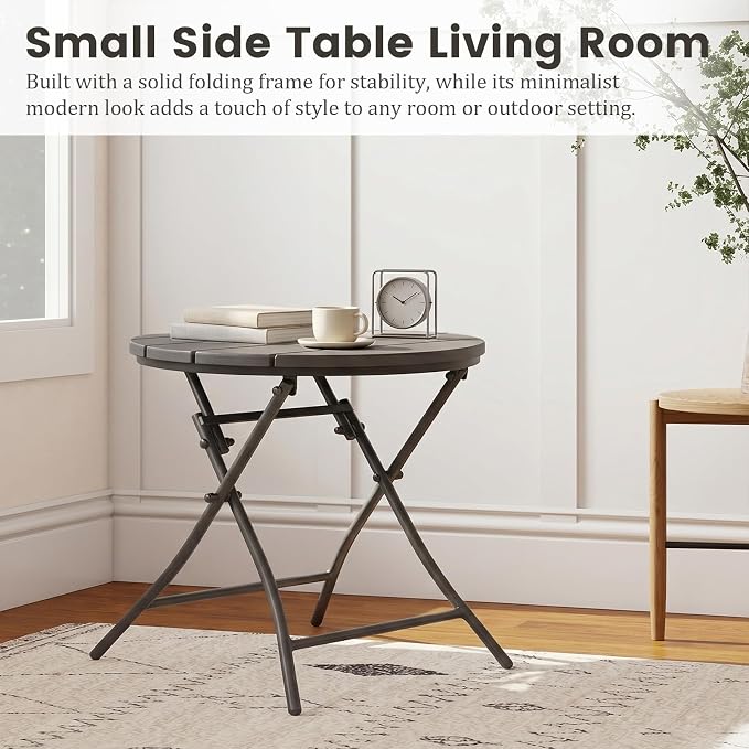 TeoKJ Folding Black Small Outdoor Side Tables, HDPS Patio Table | Metal Round Anti Rust Patio Desk, No Assembly Small Nightstand for Yard, Balcony, Lawn, Pool, Lightweight, Black