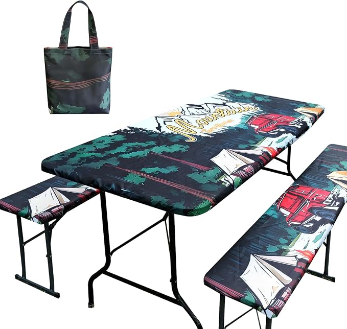 3 Piece Picnic Table Cover with Bench Covers fit Outdoor & Camping, 6ft | 30 x 72 Inches Table Cloths Waterproof Windproof with Elastic Edges & Drawstring Bag, for Rectangle Tables and Seat Covers