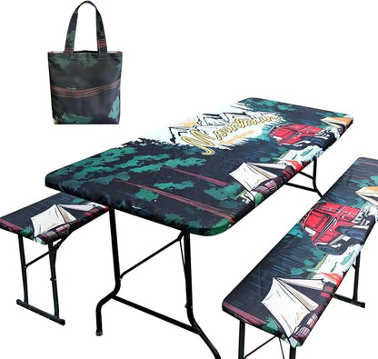 3 Piece Picnic Table Cover with Bench Covers fit Outdoor & Camping, 6ft | 30 x 72 Inches Table Cloths Waterproof Windproof with Elastic Edges & Drawstring Bag, for Rectangle Tables and Seat Covers