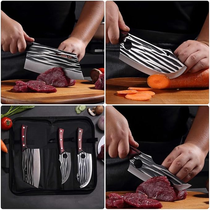 Butcher Knife Set with Bag，Meat Cleaver Full Tang Serbian Chef Knife High Carbon Steel for Meat Cutting Processing,Hand Forged Viking Carving Outdoor BBQ Camping Knife (3)
