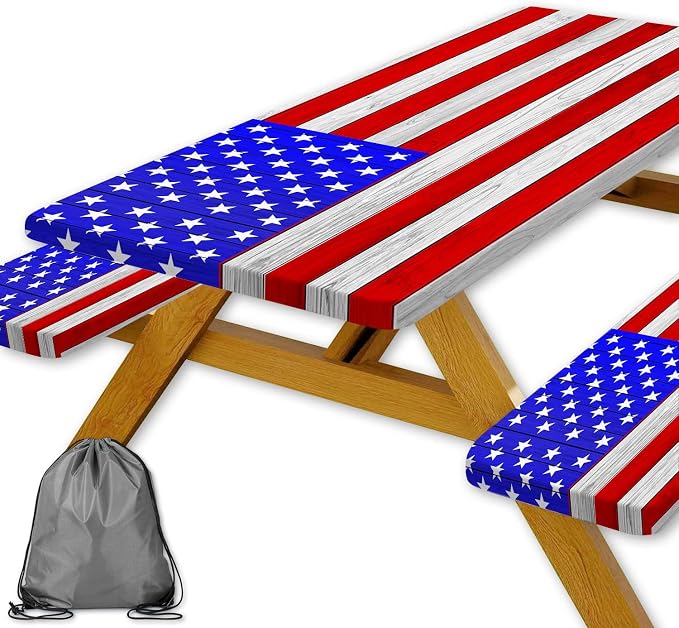 JAWO American Flag Picnic Table Cover with Bench Covers Vintage Camping RV Essentials Waterproof Windproof Fitted Outdoor Tablecloth with Elastic Rectangle Table Cloth Camping Accessories, 30x96in