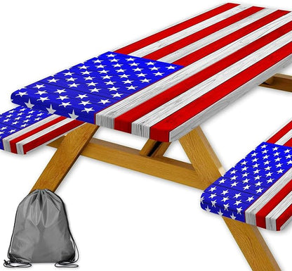 JAWO American Flag Picnic Table Cover with Bench Covers Vintage Camping RV Essentials Waterproof Windproof Fitted Outdoor Tablecloth with Elastic Rectangle Table Cloth Camping Accessories, 30x96in