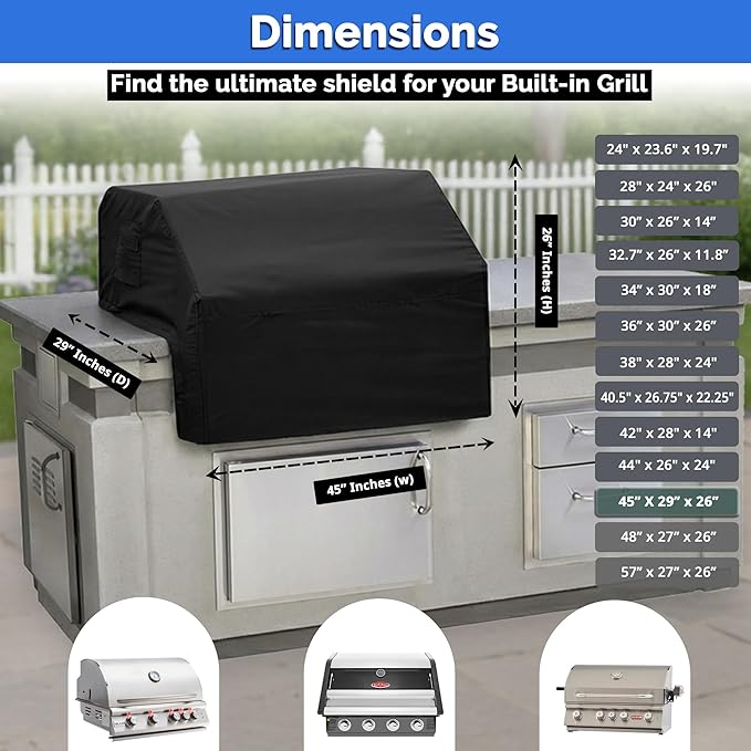 Covers & All Built-in Grill Cover for Outdoor Grill – Heavy Duty 12 oz Waterproof Built-in BBQ Grill Cover, PVC-Coated Polyester with Elastic Hem for Snug Fit (45 x 29 x 26 inches, Black)
