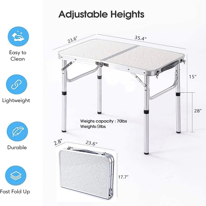 YUFIFAIRY Aluminum Camp Table, 36''L x24''W Folding Table Portable | Lightweight Foldable, Storage Net, Carry Handle, 2 Adjustable Height16"/28", For Indoor, Outdoor, Cooking, Picnic