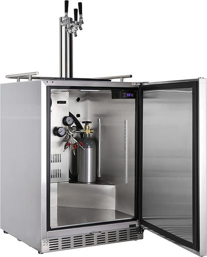HCK Kegerator, 24 Inch Outdoor Kegerator for Patio with 3 Taps, Full Size Beer Dispenser and Beverage Refrigerator with Auto Defrost & Reversible Stainless Steel Door, Ideal for Home Bars