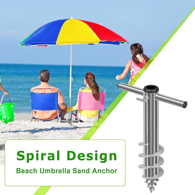 Dolibest Beach Umbrella Sand Anchor, Heavy-Duty Steel Beach Umbrella Holder with 3 Sleeves (Fits 1-2" Poles), Windproof Beach Umbrella Stake, Fully Welded Spiral Base Design for Ultimate Stability