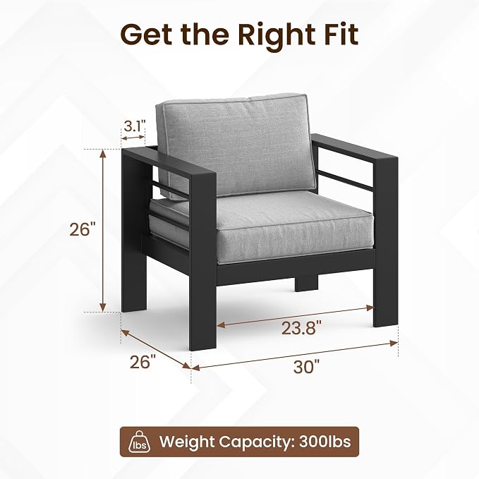 Kiss the Water Aluminum Patio Sofa, 2 PCS Light Grey Outdoor Couch | All-weather rust-proof aluminum frame with 5" thick olefin cushions, ideal for patio, backyard, or porch. Modern design.