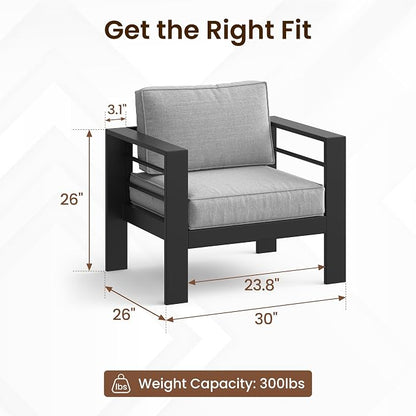 Kiss the Water Aluminum Patio Sofa, 2 PCS Light Grey Outdoor Couch | All-weather rust-proof aluminum frame with 5" thick olefin cushions, ideal for patio, backyard, or porch. Modern design.