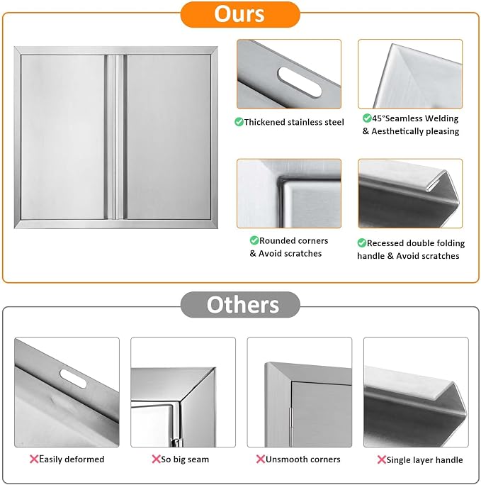 JIE JIN Outdoor Kitchen Door 24" W X 24" H Double Doors BBQ Access Door BBQ Island Door 304 Brushed Stainless Steel Flush Mount Door for Outdoor Kitchen BBQ Island Outdoor Cabinet Doors
