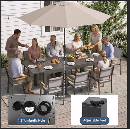 Wisteria Lane 9 Piece Aluminum Outdoor Dining Sets with 3-Adjustable Length Dining Table, 92" L×33.5" W Expandable Patio Table and Chairs Set for 8, Stackable Chairs with Quick Drying Fabric, Grey