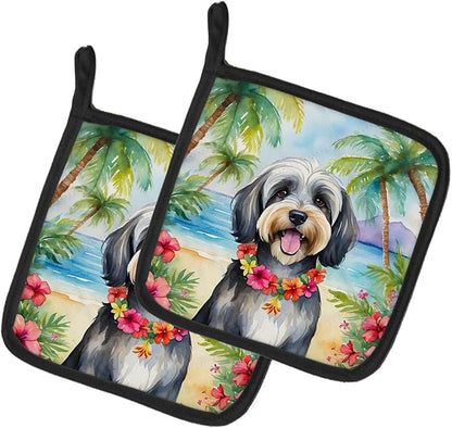Caroline's Treasures Tibetan Terrier Luau Pair of Pot Holders Kitchen Heat Resistant Pot Holders Sets Oven Hot Pads for Cooking Baking BBQ, 7 1/2 x 7 1/2