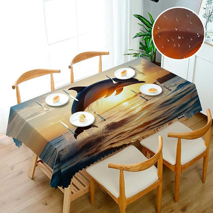 Swono Dolphin Rectangle Tablecloth Ocean Animal Dolphin Jumping Sunset Table Cloth Dining Table Cover for Home Kitchen Restaurant Party Buffet Picnic, 52x70 Inch