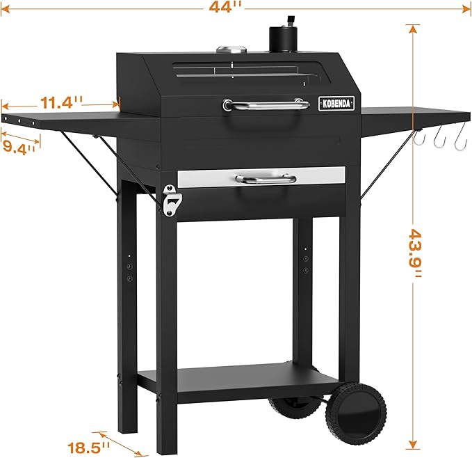 Charcoal Grills with Side Tables and Bottle Opener, Barbecue BBQ Grill with Glass Cover for Outdoor Picnic Backyard Patio and Parties, 20inch Black