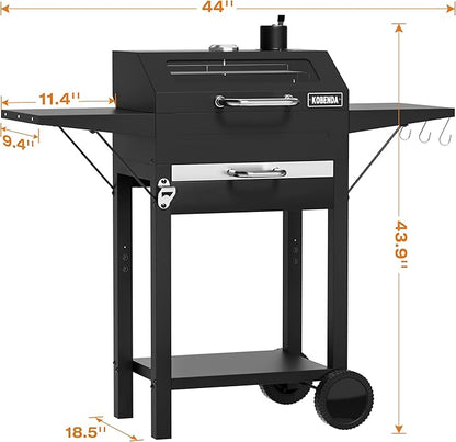 Charcoal Grills with Side Tables and Bottle Opener, Barbecue BBQ Grill with Glass Cover for Outdoor Picnic Backyard Patio and Parties, 20inch Black