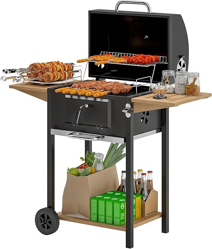Outdoor Charcoal Grill, Barbecue Grill Charcoal with Cover & Side Table, BBQ Charcoal Grill for Camping Patio Backyard Picnic, 245 Sq. In. Cooking Area, Portable|Barrel Style (44")