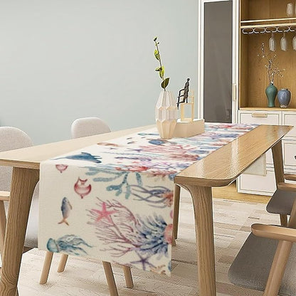 Nautical Coastal Table Runners Ocean Beach Coral Table Runners Starfish Blue Teal Seafood Drawing, Dining Room Kitchen Rectangular Runner, 13" X 108"