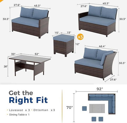 Wisteria Lane 7 Piece Patio Furniture Set, High Curved Back Wicker Patio Sectional, All Weather Outdoor Dining Set, Outdoor Furniture Patio Conversation Set with Ottoman, Blue
