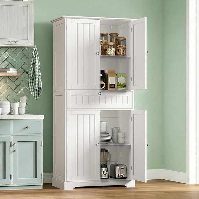 ChooChoo 72" H Bathroom Floor Cabinet with Drawers and Adjustable Shelves | Bathroom Storage Cabinet, Freestanding Kitchen Pantry Cupboard with 4 Doors for Living Room, White