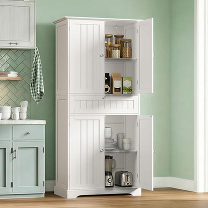 ChooChoo 72" H Bathroom Floor Cabinet with Drawers and Adjustable Shelves | Bathroom Storage Cabinet, Freestanding Kitchen Pantry Cupboard with 4 Doors for Living Room, White