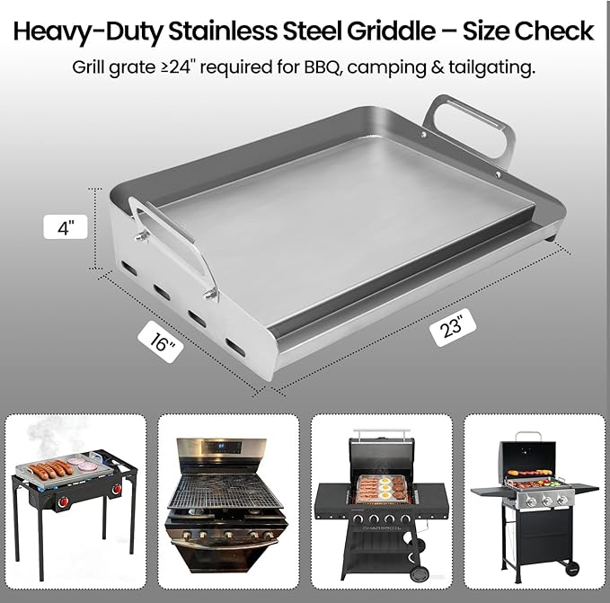 23x16 Inch Griddle for Gas Grill Reinforced Bottom Anti Warp Detachable Handle Grease Groove Stainless Steel Flat Top for Pellet Grill and Stove Outdoor Indoor Cooking