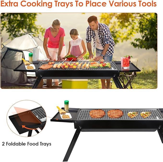 TeqHome Barbecue Charcoal Grill, Stainless Steel Folding Portable BBQ Grill with 2 Side Tray, Foldable Tabletop Grill for Outdoor Cooking Picnics Camping Hiking Tailgating Backpacking Party Backyard