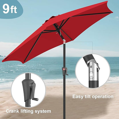 FLAME&SHADE 9ft Patio Umbrella Outdoor - Table Umbrella with Push Button Tilt and Crank, UV Protection, 6 Sturdy Ribs, Market Umbrella for Garden, Deck, Backyard, Lawn, Pool and Beach(Red)