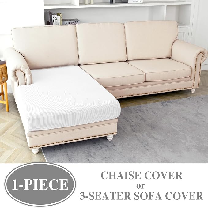 LA MEACK Couch Cushion Cover Chaise Lounge Cover Washable Separate Seat Chaise Couch Cover Stretch Sectional Sofa Slipcover(1 Piece for Chaise or Sofa 3-Seater, White)