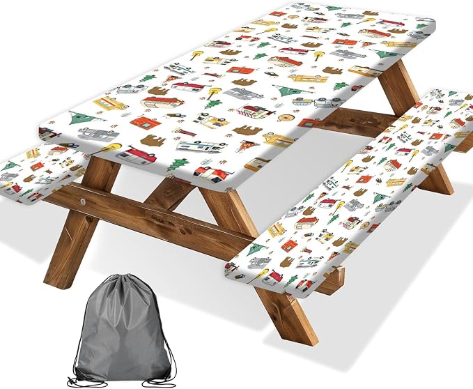Picnic Table Cover with Bench Covers and Bag, Camping Rv Essentials, Waterproof Windproof Fabric, Fitted Tablecloth Cover with Elastic Edge, 3 PCS, 30x96 Inch, White