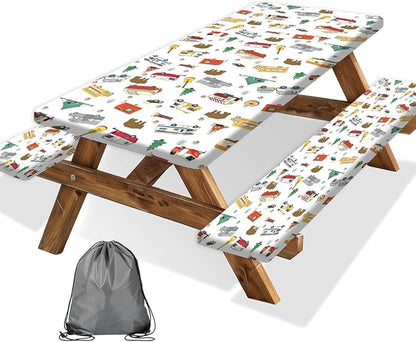 Picnic Table Cover with Bench Covers and Bag, Camping Rv Essentials, Waterproof Windproof Fabric, Fitted Tablecloth Cover with Elastic Edge, 3 PCS, 30x96 Inch, White