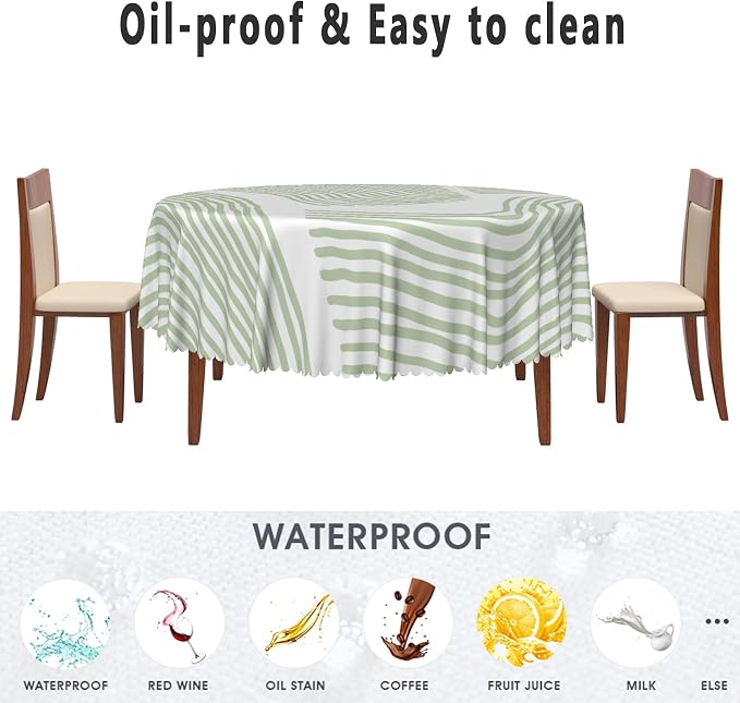 Sage Green Stripes Table Cloth for Round Chic Striped Circle Tablecloths Polyester Vintage for Picnic Party Dinner Wrinkle Oil-Proof Resistant Table Cover for Dining Table 70x70 Inch