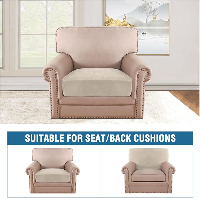 H.VERSAILTEX Velvet Stretch Couch Cushion Cover Plush Cushion Slipcover for Chair Cushion Furniture Protector Seat Cushion Sofa Cover (1 Piece Armchair Cushion Covers, Ivory)