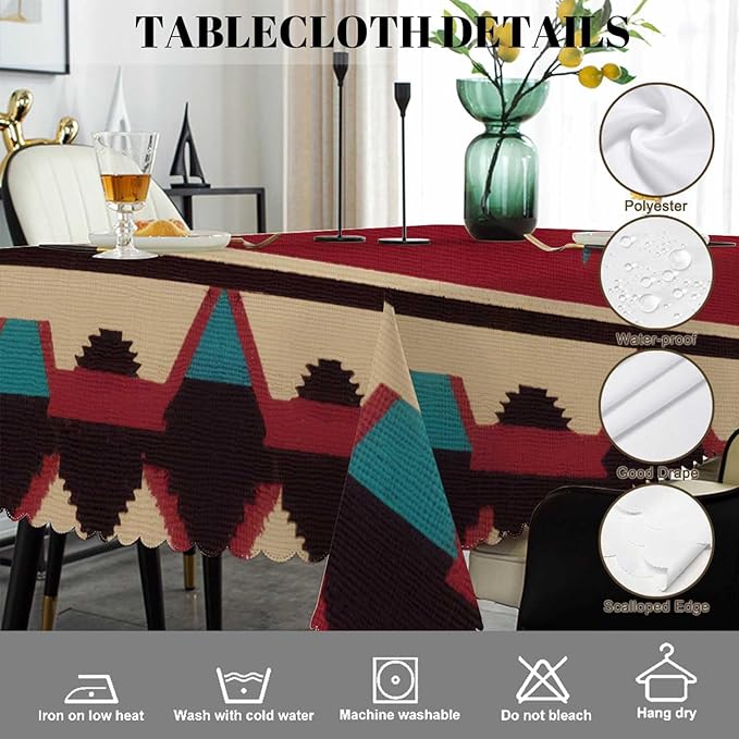 Swono Ethnic Pattern Tablecloth Red Geometric American Navajo Style Rectangle Table Cloth Washable Plaid Table Cover for Kitchen Holiday Dinner, 52x 70 Inch Tablecloth