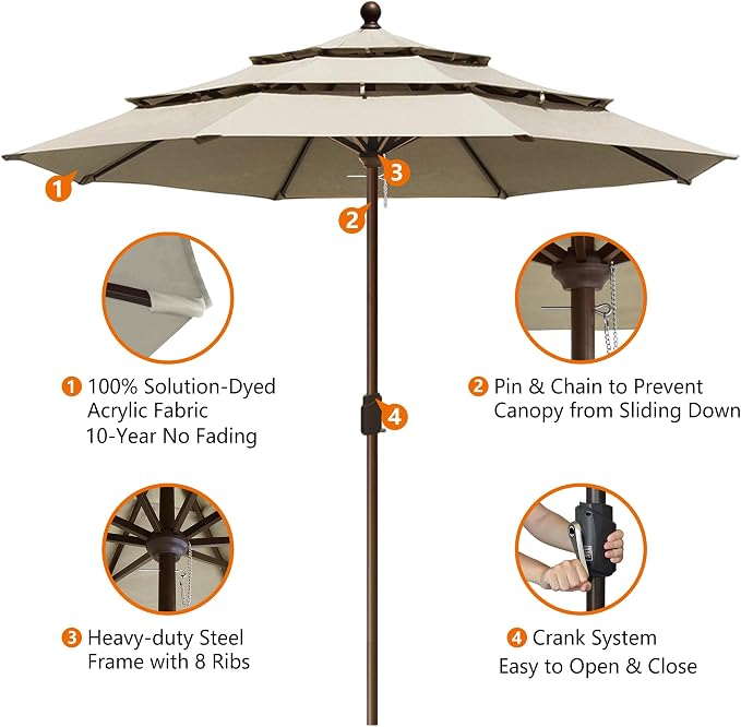 EliteShade USA 10-Year-Non-Fading 10ft 3-Tier Market Patio Umbrella, Commercial Grade Outdoor Table Umbrella with Crank Open, Windproof & UPF 50+ UV Protection, Heavy Duty Ventilation for Garden, Deck, Pool, Backyard, Beach & Bistro, No Tilt, Antique B...
